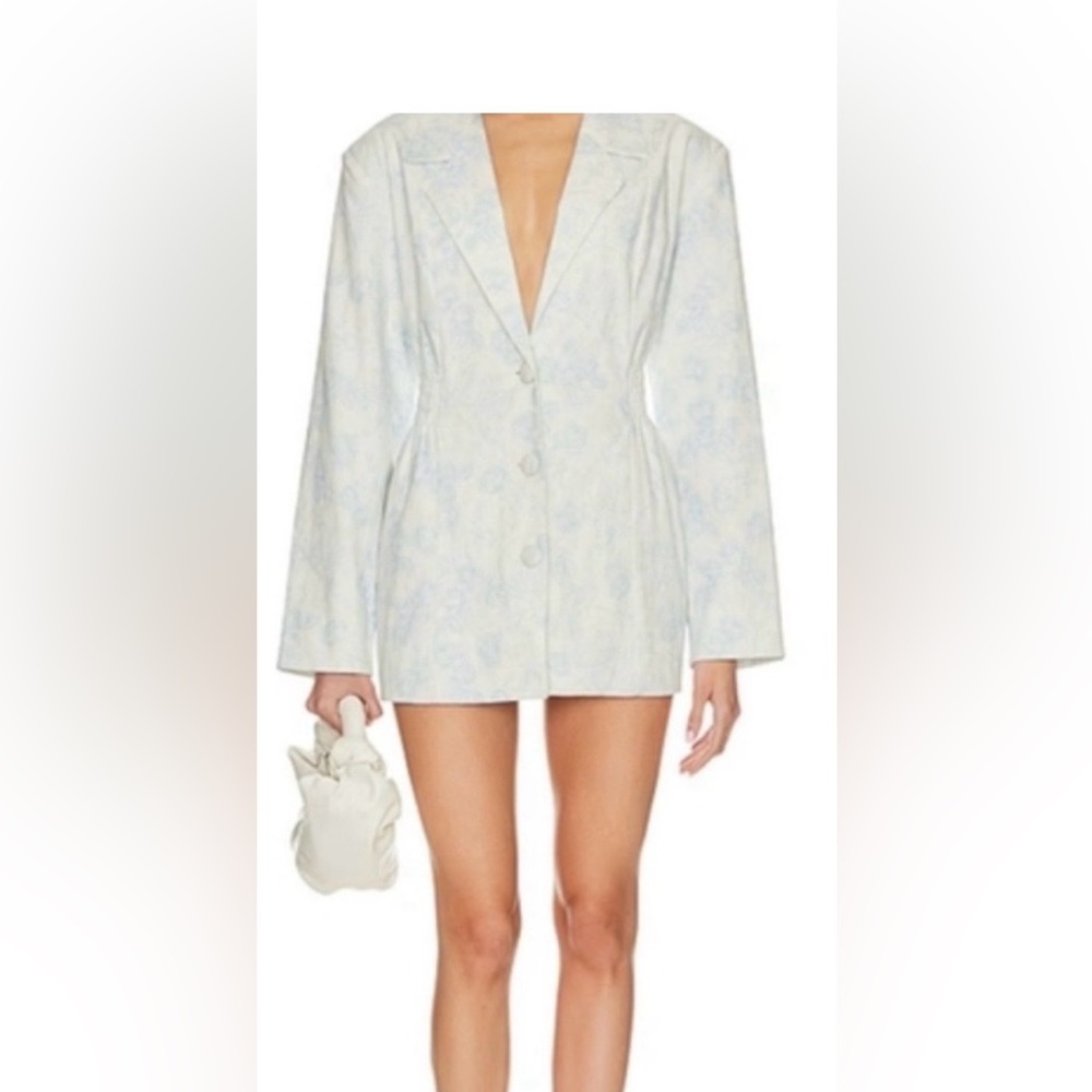 For Love & Lemons White and Light Blue Long Sleeve Blazer Dress
